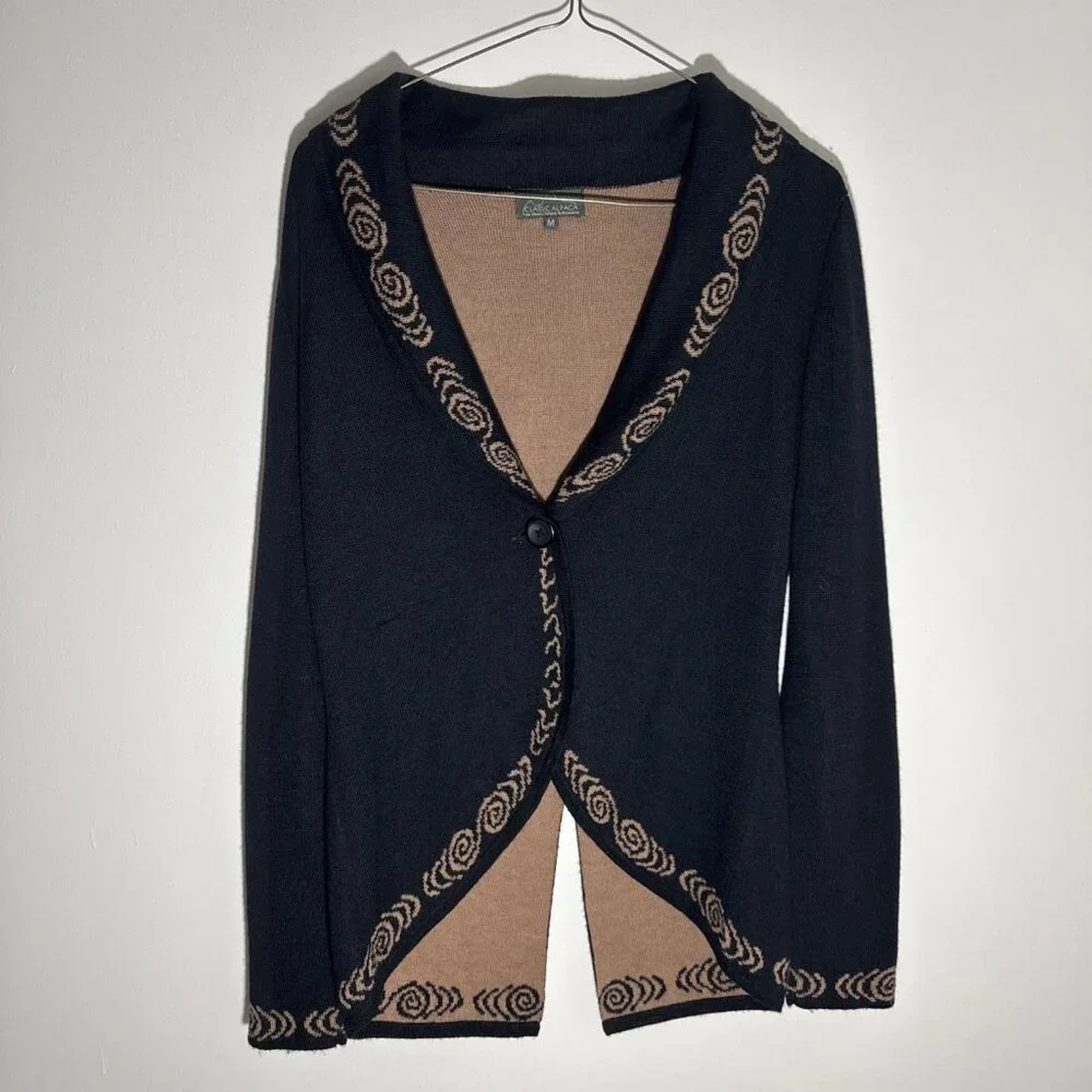 Classic Alpaca Womens M 100% Baby Alpaca Black & Tan Cardigan Sweater Jacket